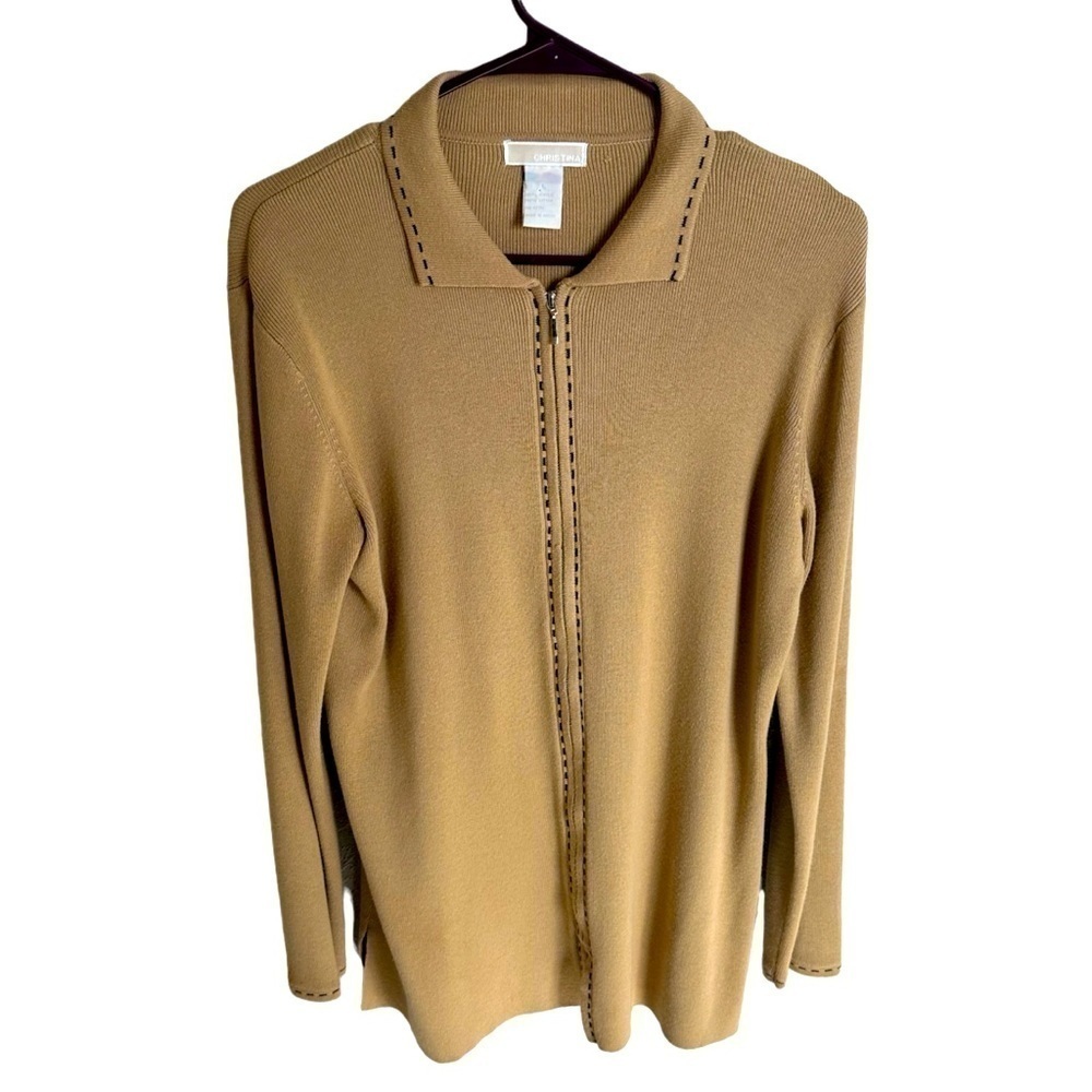 Christina Women’s Zip Up Cardigan Cream Stitching Detail Collar Size Large